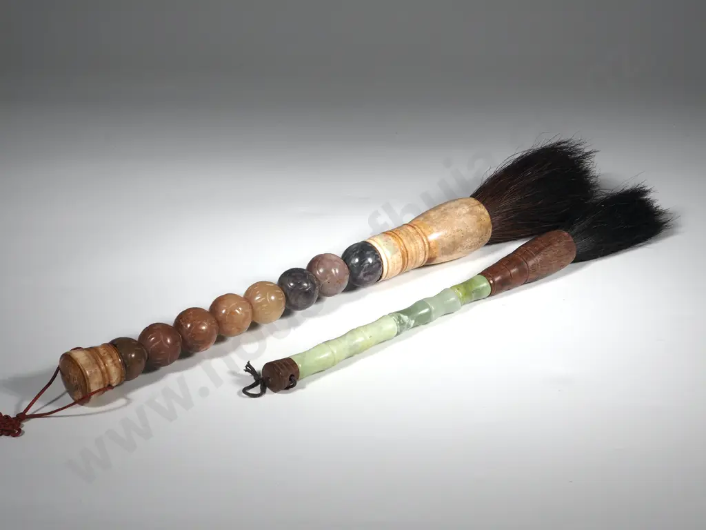 Pair of Vintage Calligraphy Brushes with Stone Handles & Monkey Hair Bristles. Image 1++