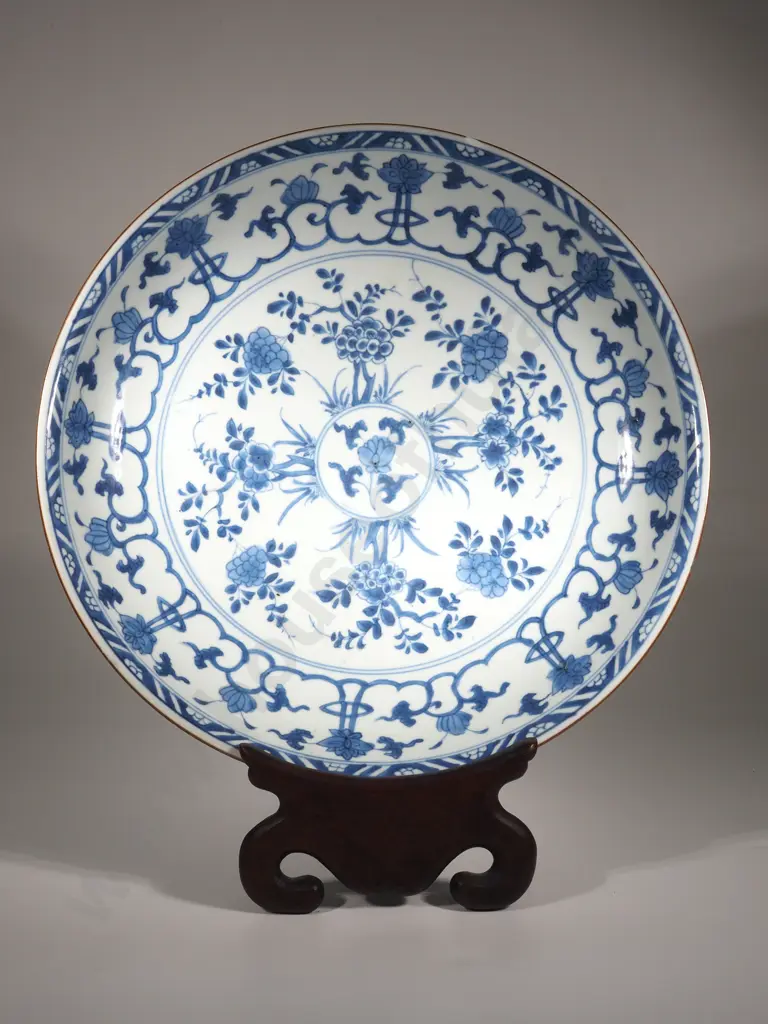 Large Blue & White  Kangxi Period Shallow Bowl. Underglaze Blue Porcelain with Lotus, Prunus & Blossoms. Image 1++