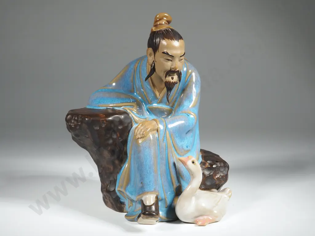 Vintage Chinese Shiwan Pottery Mudman Figurine Depicting A Seated Man with A Goose Image 1++