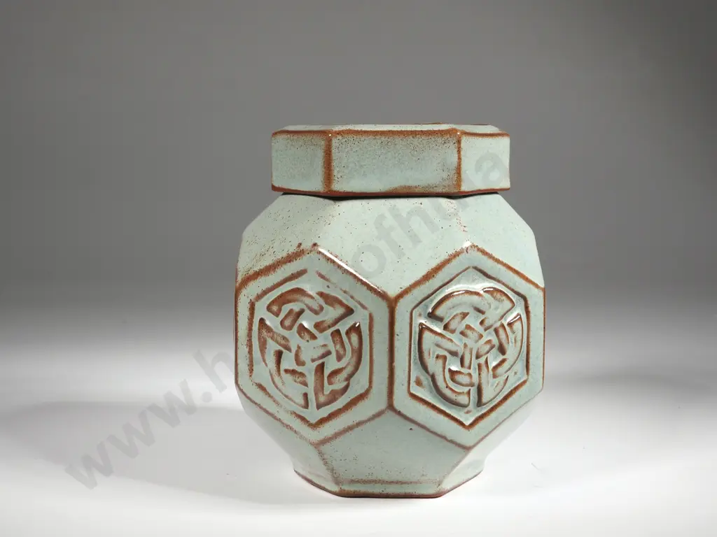 Vintage Pale Green Ginger Jar w Embossed Decoration Image 1++