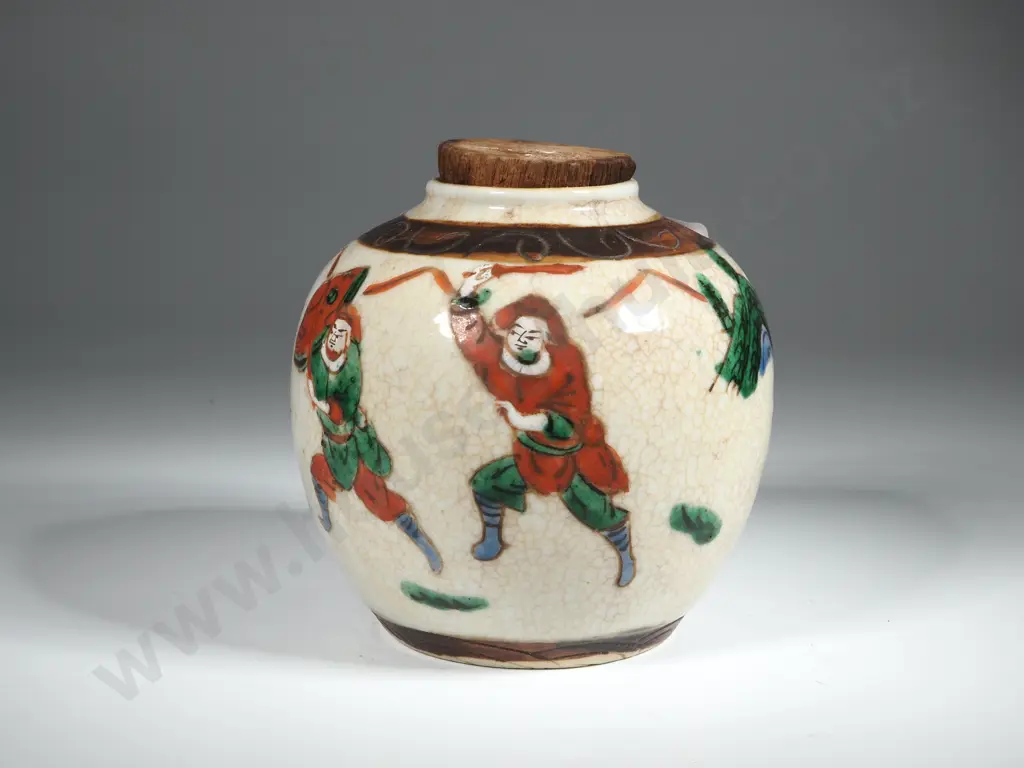 Pottery Ginger Jar Decorated w Military Figures & Horseman Image 1++