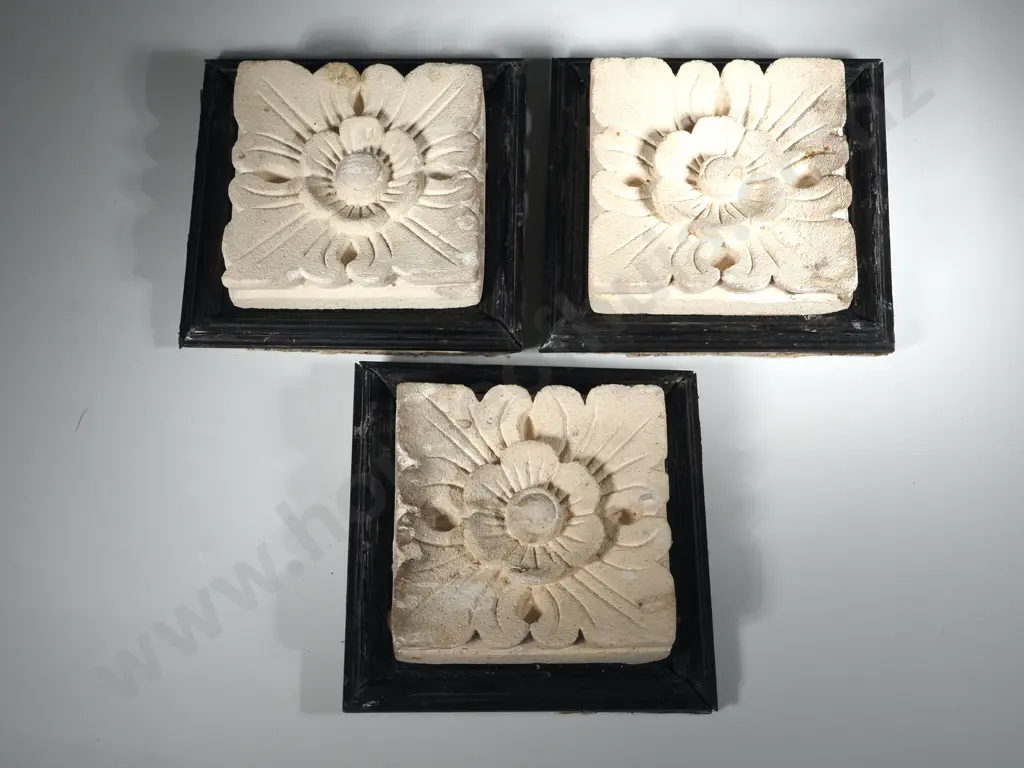 Three Framed Bali Stone Carved Stone Quatrefoils Image 1++