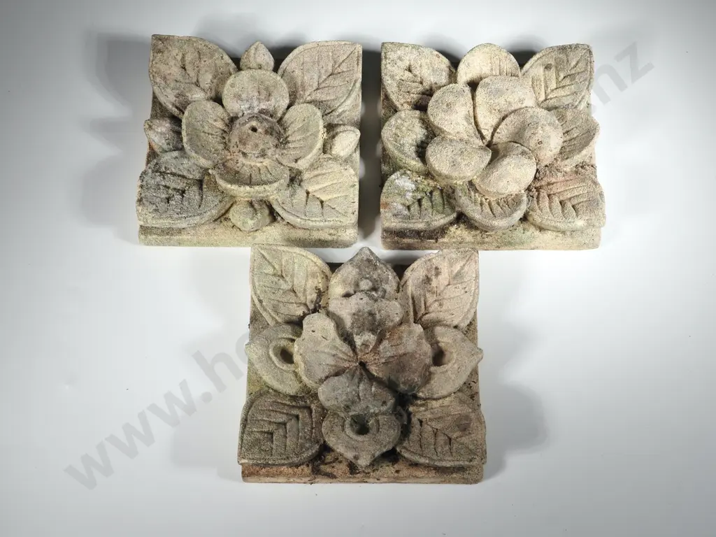 Three Bali Carved Stone Quatrefoils Image 1++