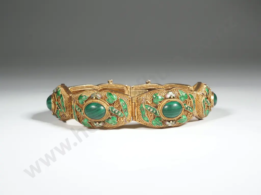 Vintage Chinese Silver Gilt, Enamel & Malacite Bracelet Image 1++