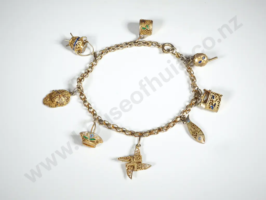 Vintage Filigree  Chinese Silver Gilt Charm Bracelet Image 1++