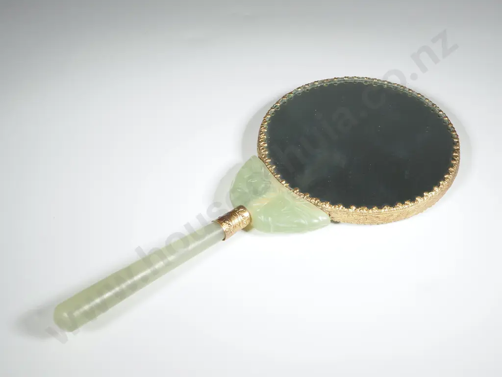 Hand Mirror w Jade Coloured Handle & Detail, w Jade Coloured Handles, Hand Painted Detail on White Porcelain Back Image 1++