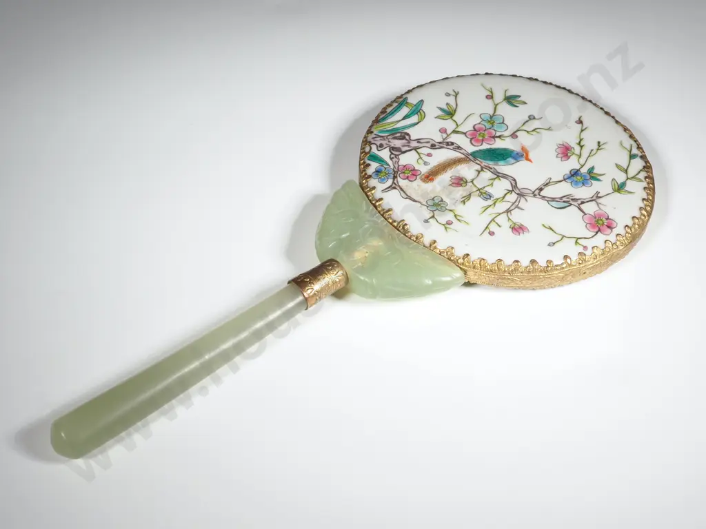 Hand Mirror w Jade Coloured Handle & Detail, w Jade Coloured Handles, Hand Painted Detail on White Porcelain Back Image 1++