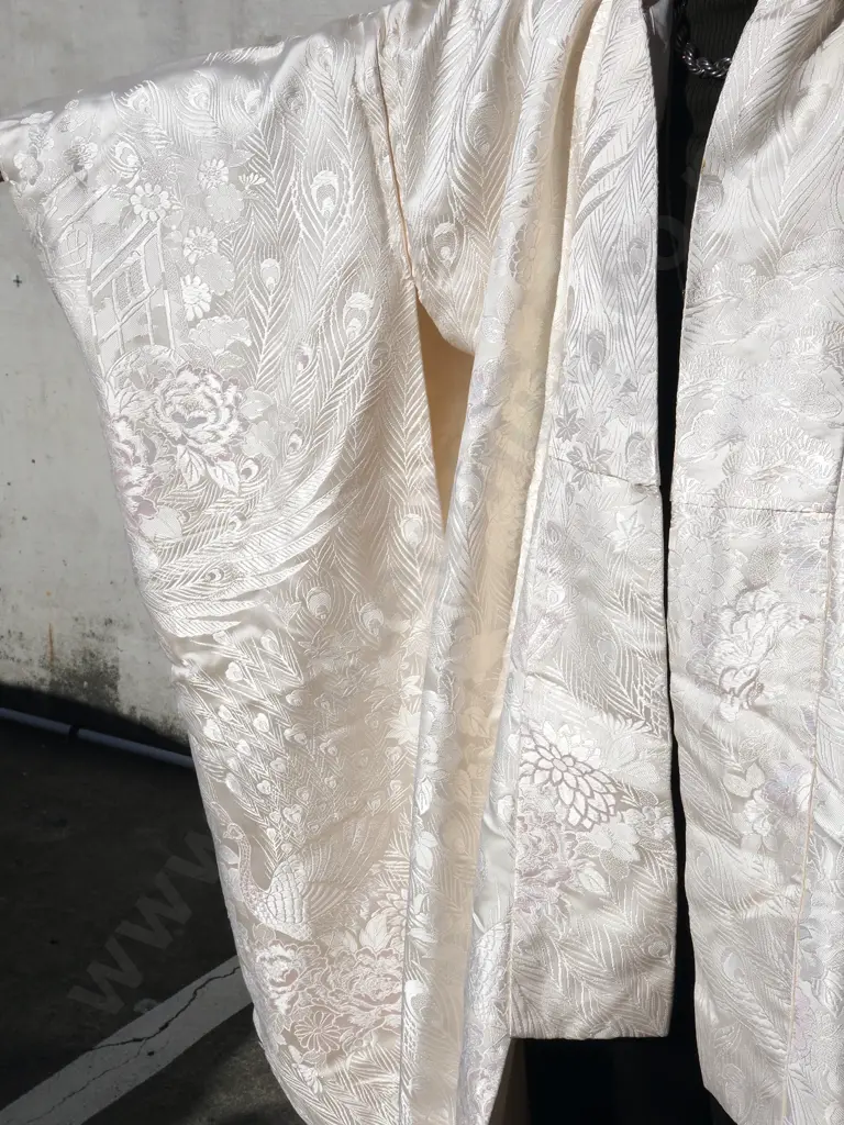 Vintage Ceremonial Japanese  Wedding Kimono. Cream  Silk With Brocade Peacocks & Peacock Feathers Image 1++