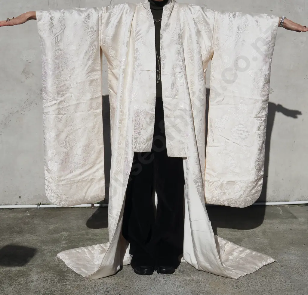 Vintage Ceremonial Japanese  Wedding Kimono. Cream  Silk With Brocade Peacocks & Peacock Feathers Image 1++