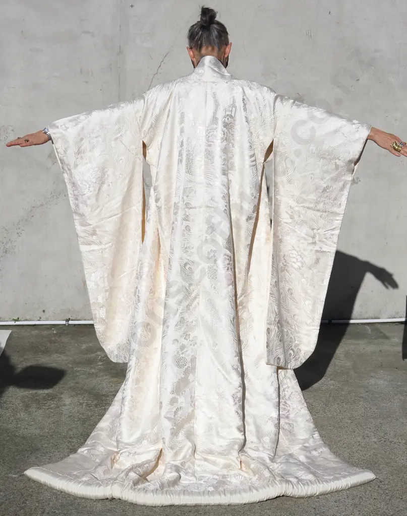 Vintage Ceremonial Japanese  Wedding Kimono. Cream  Silk With Brocade Peacocks & Peacock Feathers Image 1++