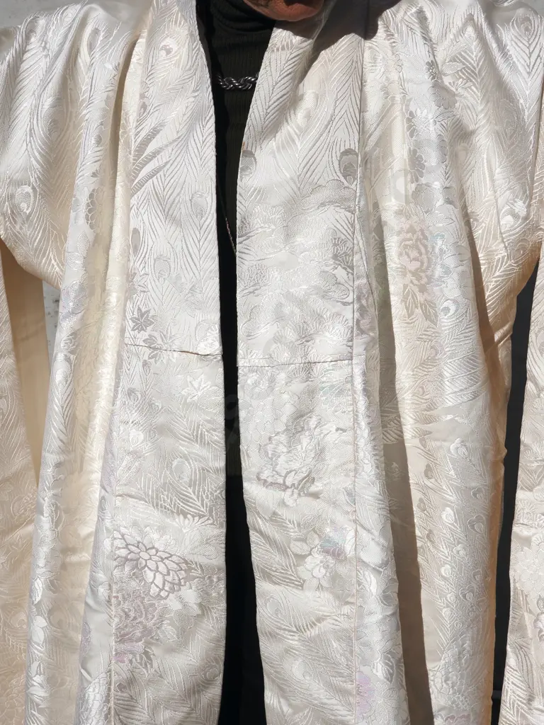 Vintage Ceremonial Japanese  Wedding Kimono. Cream  Silk With Brocade Peacocks & Peacock Feathers Image 1++