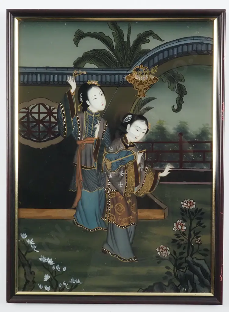 Antique Chinese Hand Painted Glass Painting Depicting Two Young Girls Dancing  Image 1++