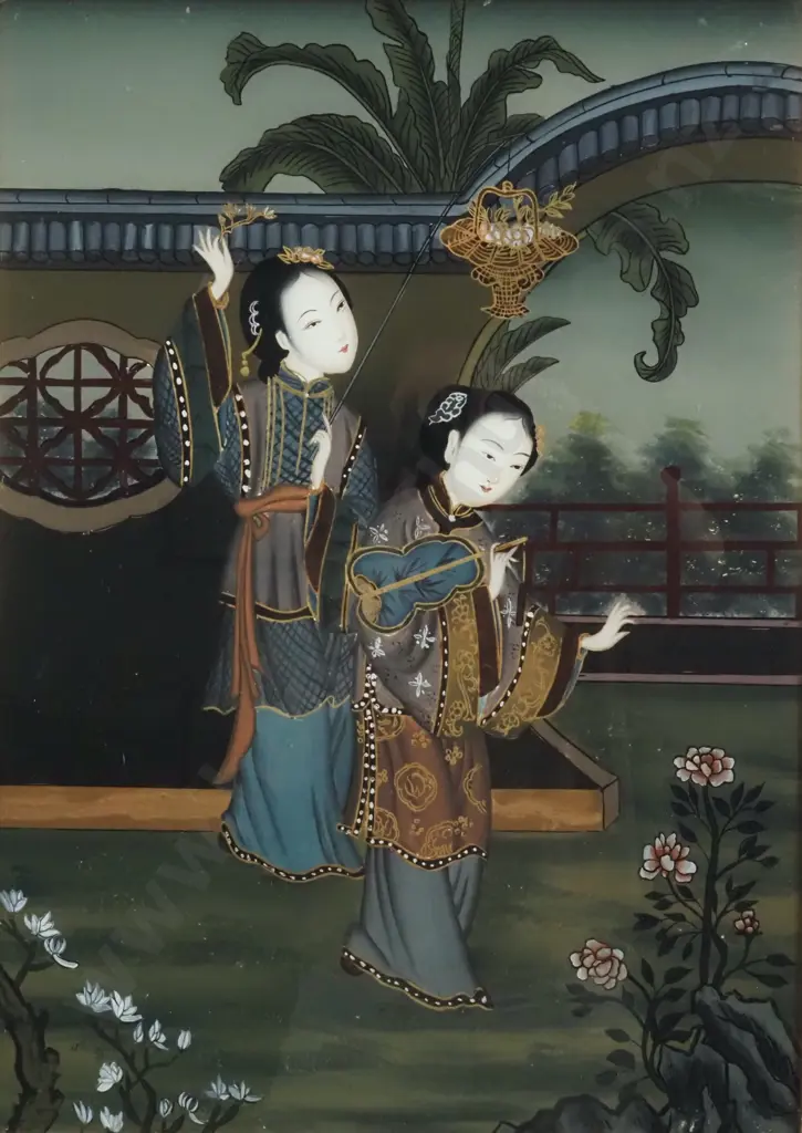 Antique Chinese Hand Painted Glass Painting Depicting Two Young Girls Dancing  Image 1++