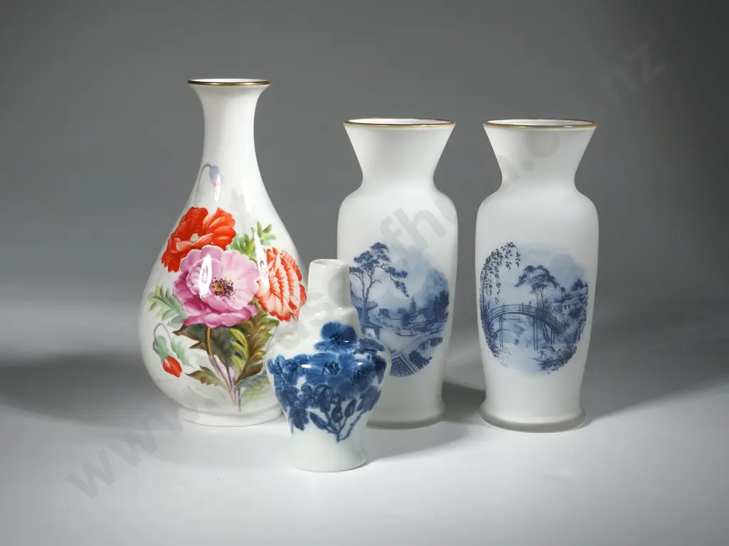 Pair of Milk Glass Vases with Willow Pattern Decoration, A Small Blue & White Oriental Vase & Noritake Vase Image 1++