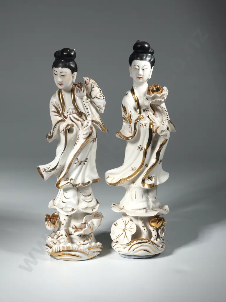 Two Porcelain Figures Of Guanyin. White Ground With Gilt Accents  Image 1++