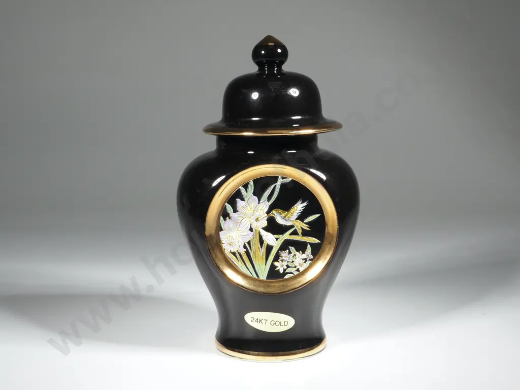 Oriental Design Ginger Jar w Black Ground & Gilt Image 1++
