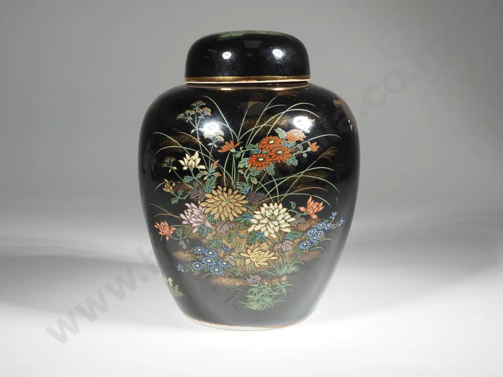 Japanese Ginger Jar in Black & Gilded w Delicate Floral & Bird Decoration Image 1++