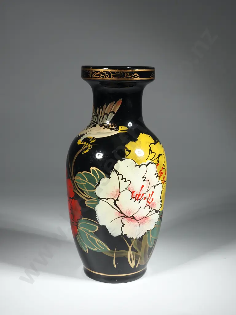 Chinese Ceramic Baluster Shaped Vase with Vivant Floral Decoration On A Black Ground   Image 1++
