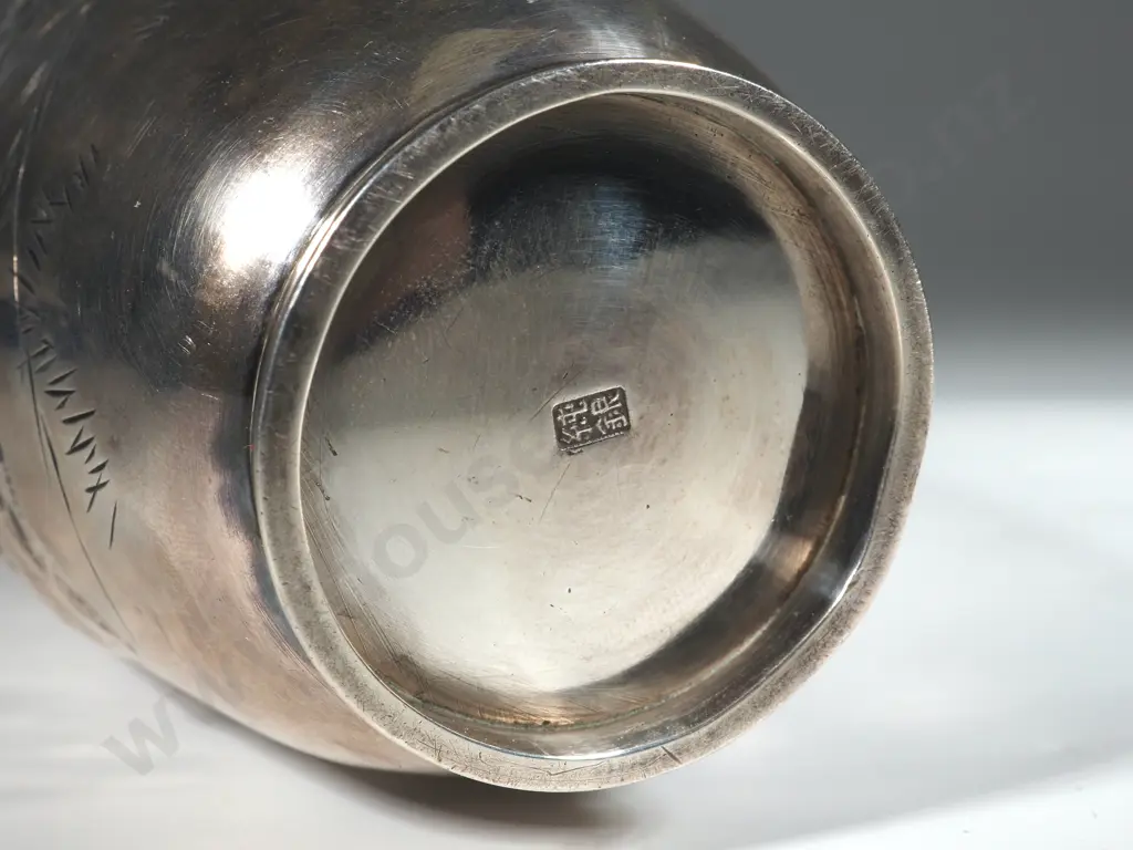 Antique Sterling Silver Japanese  Meiji Period Vase.The Body With Raised Decoration Of Mount Fuji & A  Masted Ship Image 1++