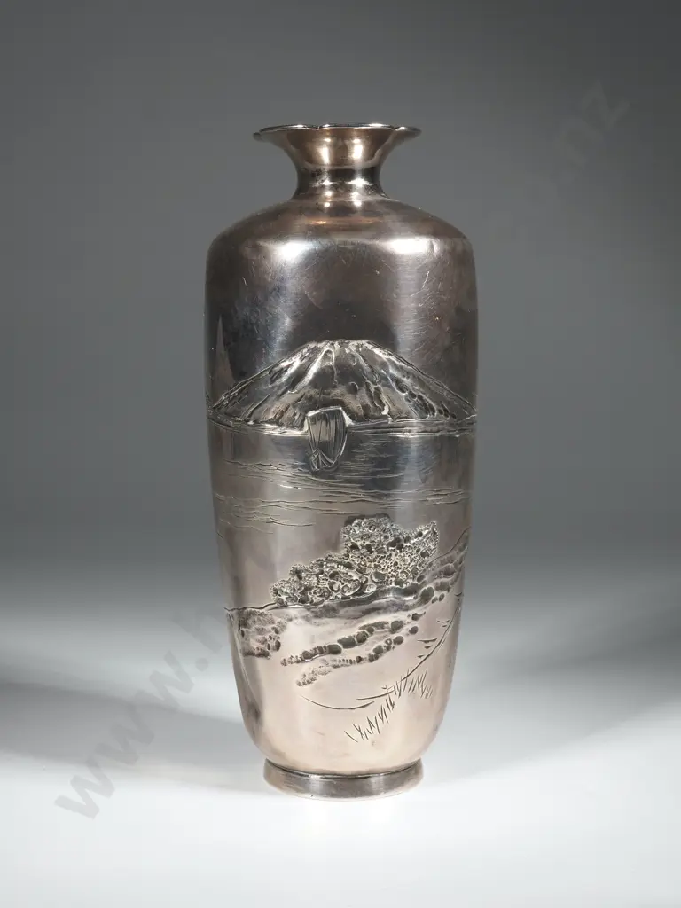 Antique Sterling Silver Japanese  Meiji Period Vase.The Body With Raised Decoration Of Mount Fuji & A  Masted Ship Image 1++