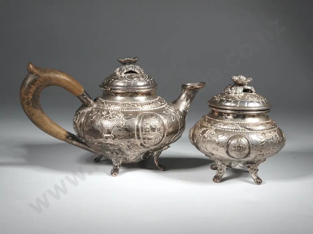 Sterling Silver Footed Teapot & Sugar Bowl.  Floral engraving w Flower Finials. Image 1++