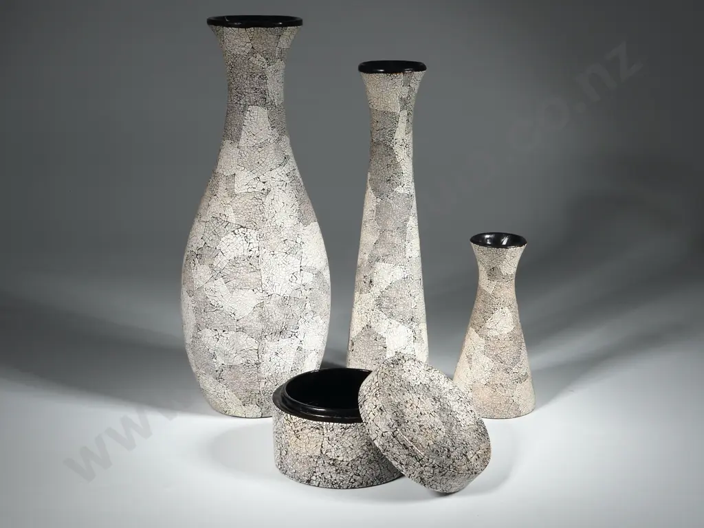 Three Wooden Crackle Glazed Lacquered Vessels - Two Vases & a Cylindrical Box. Image 1++