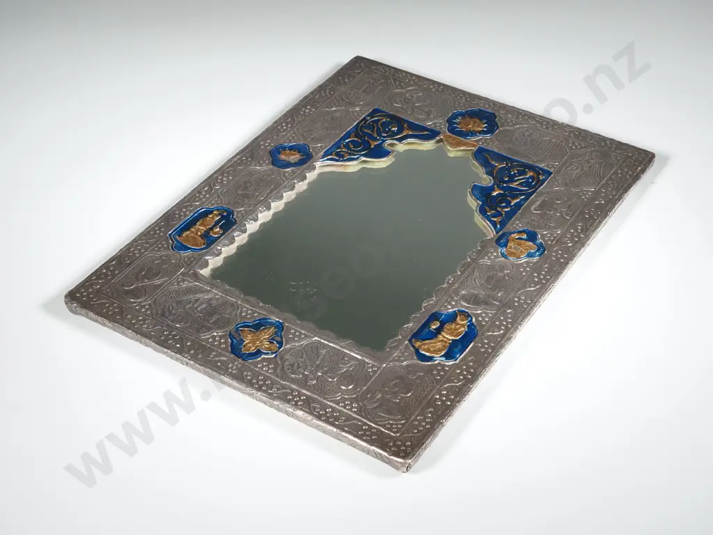 Silver & Enamel Mirror w heavily Engraved Back - Dancers & Musicians. Image 1++