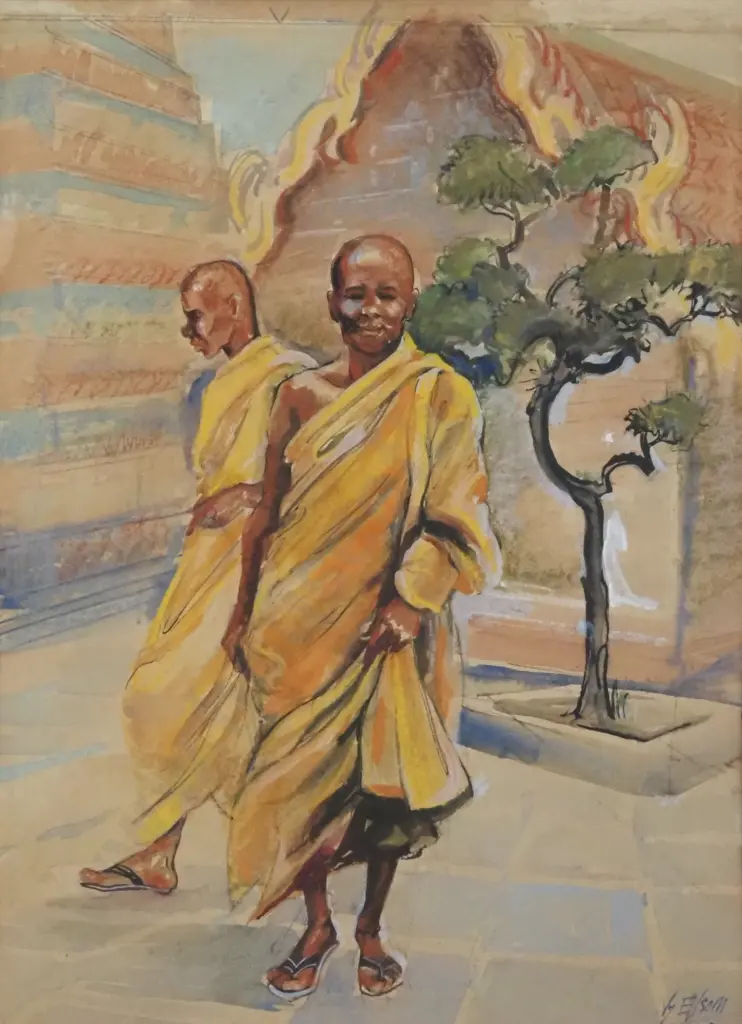Vy Elsom, Buddhist Monk; Watercolour. Signed. 480 x 325mm  Image 1++