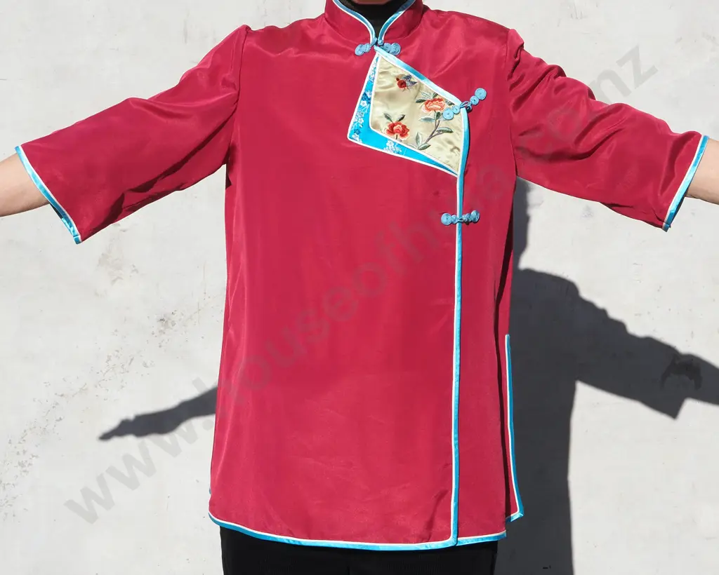 Japanese  Traditional Silk Dress/Jacket  with Crimson Silk w Turquoise Trim  Image 1++