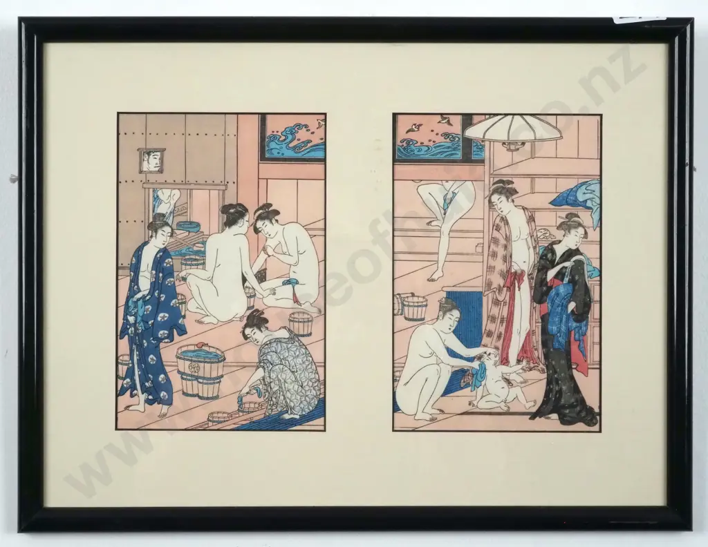 Diptych  Woodblock Print  Depicting  a Bathhouse Scene with Women In Their Morning Routine Probably Torii Kiyonaga Image 1++