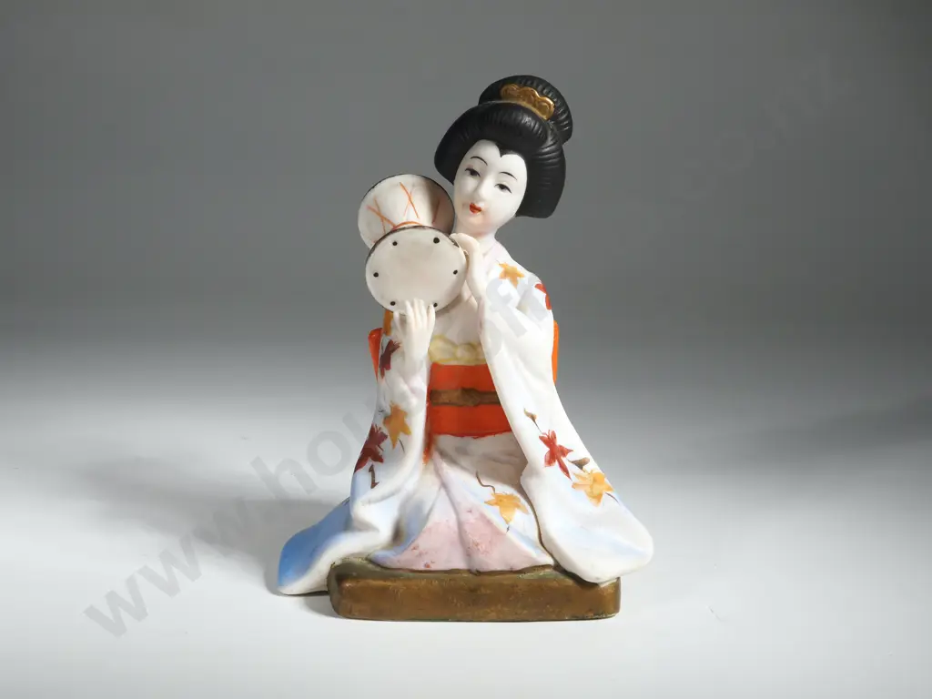 Vintage Bisque Porcelain Figurine Of A Japanese Woman Holding A Hand Drum  Image 1++