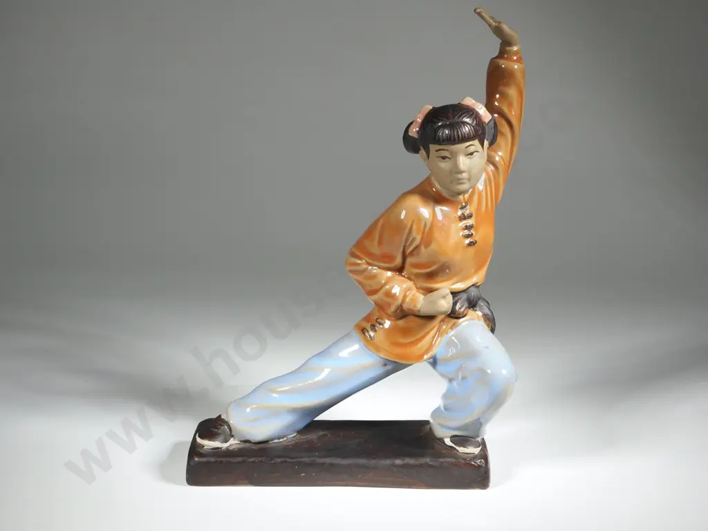 Vintage Mudman Figurine - Girl w Pigtails Performing Tai Chi Image 1++