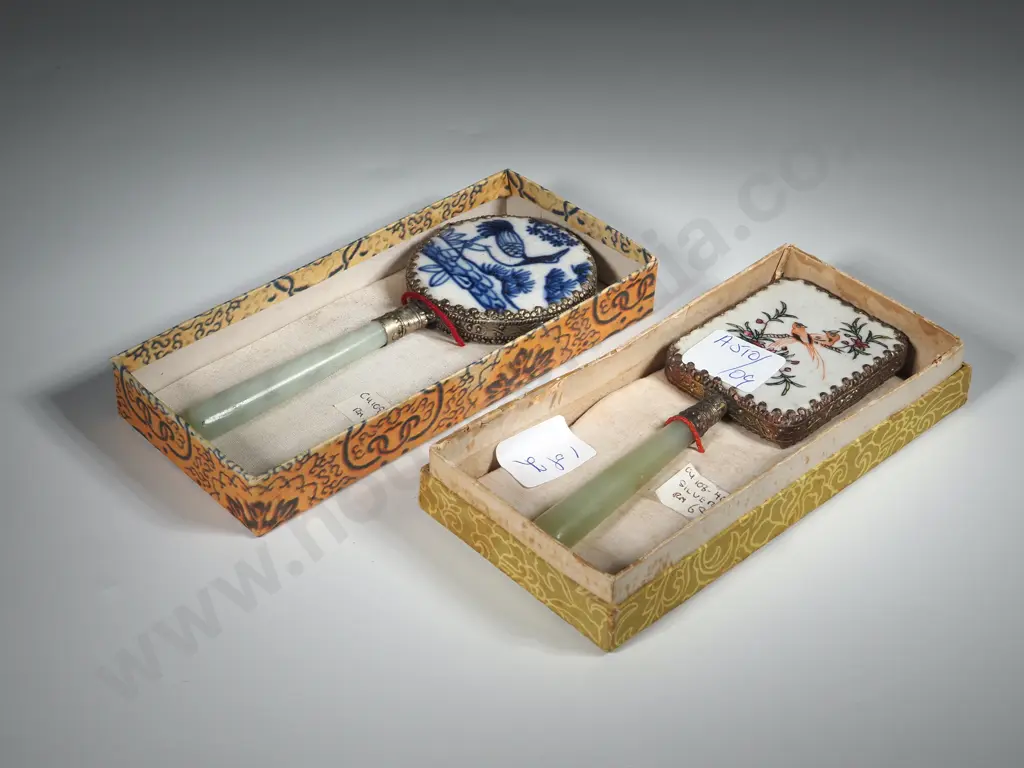 Two Boxed Hand Mirrors w Jade Coloured Handles, Hand Painted Detail on White Porcelain Back Image 1++