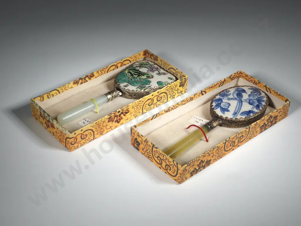 Two Boxed Hand Mirrors w Jade Coloured Handles, Hand Painted Detail on White Porcelain Back Image 1++