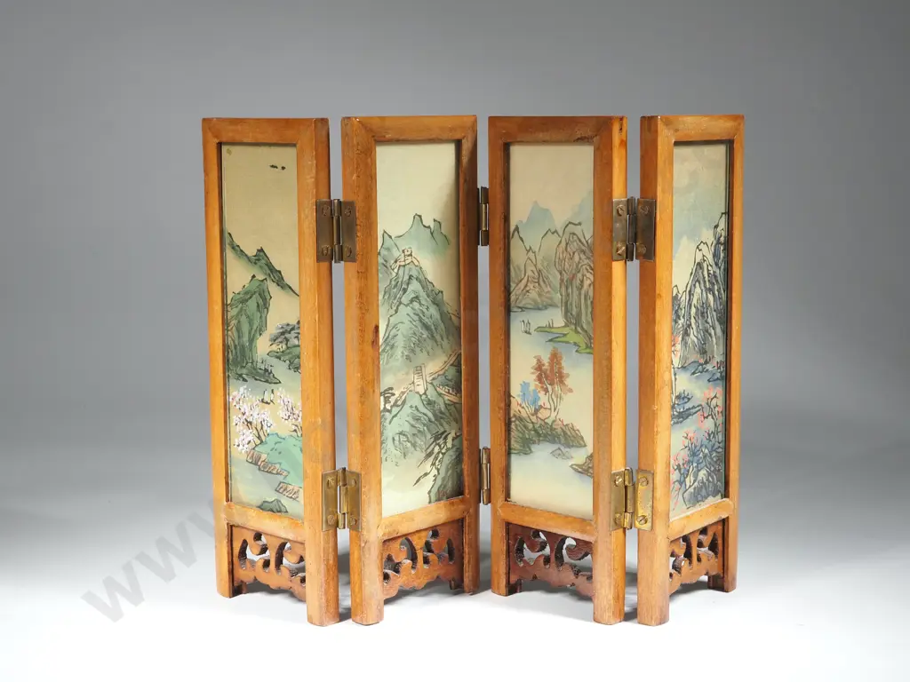 Vintage Asian Four Panel Tabletop Chinese Folding Screen- Painted Silk, Wood & Glass Image 1++