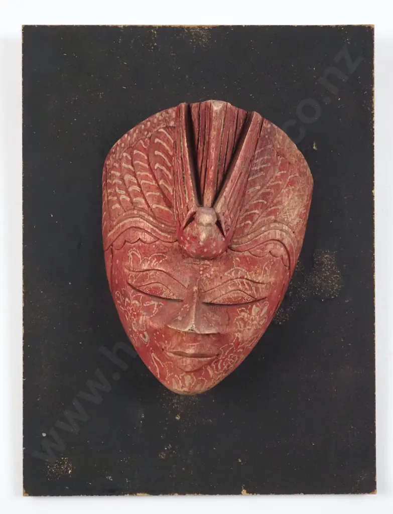 Batik Red Indonesia Wooden Carved Mask Hooked on Display Board Image 1++