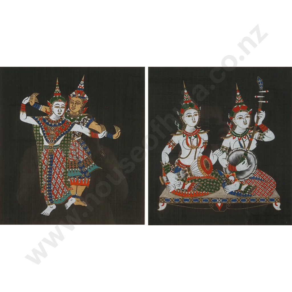 Pair of Thai Painting On Silk, Balinese Dancers & Musicians. 320 x 270mm Image 1++
