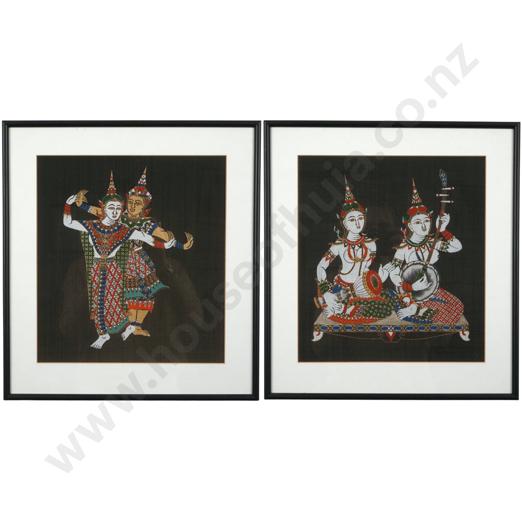 Pair of Thai Painting On Silk, Balinese Dancers & Musicians. 320 x 270mm Image 1++