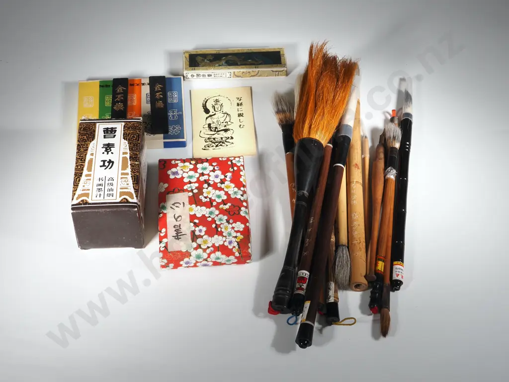 Bag Containing Calligraphy Tools Including Brushes, Inks,  Stones Etc. Image 1++