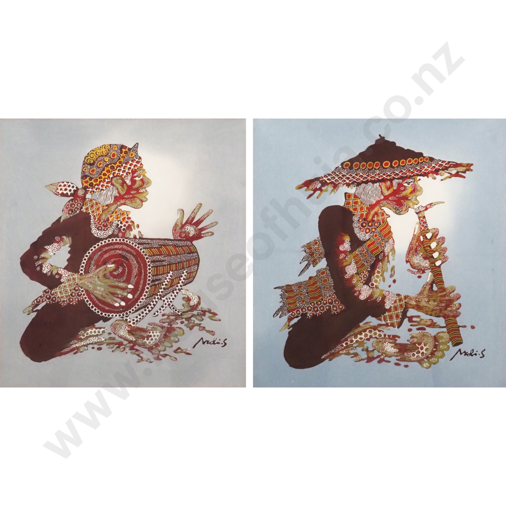 Pair of Balinese Batick Paintings, Drummer & Flautist. 470 x440mm Image 1++