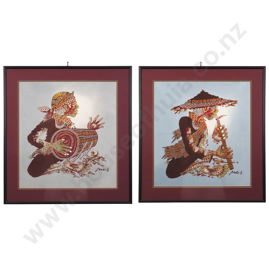 Pair of Balinese Batick Paintings, Drummer & Flautist. 470 x440mm Image 1++