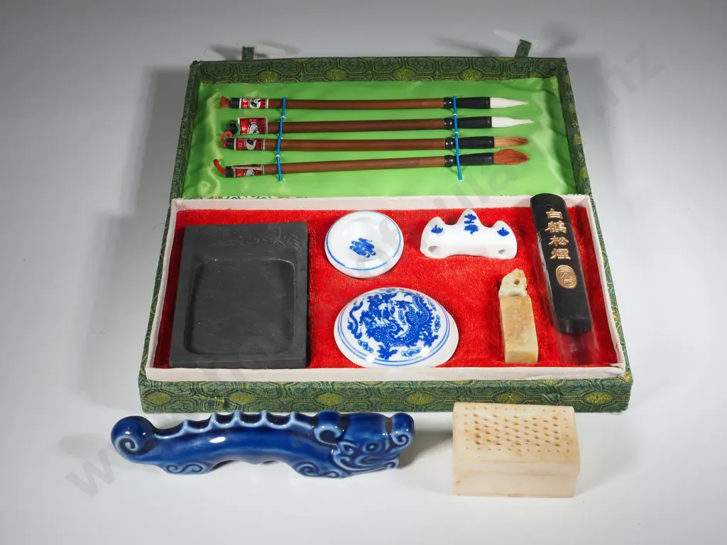 Boxed Calligraphy Set Completer with Seal, Brushes etc., Chopstick Holder & a Small Bone Box Image 1++