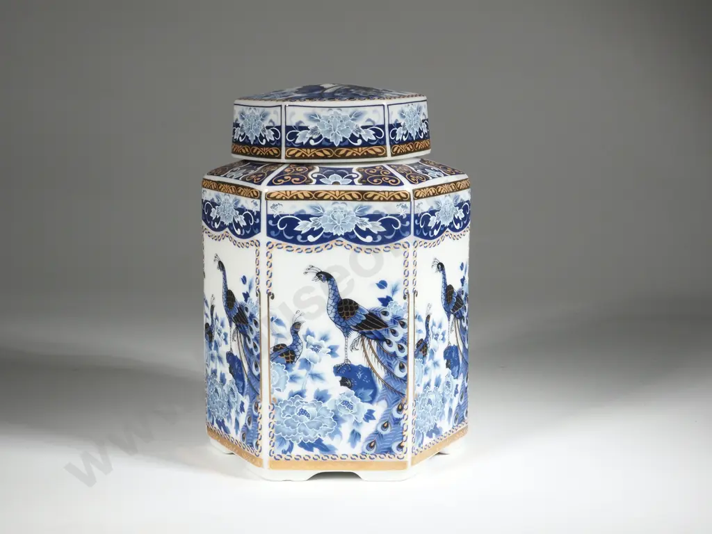 Hexagonal Oriental Peacock Lidded Jar Image 1++