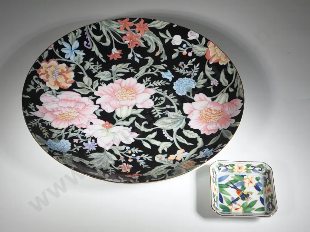 Large Japanese Plate Decorated With Flowers On A Black Ground "Garden Treasures" & A Small Square Oriental Dish Image 1++