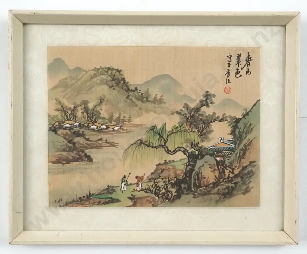 Two Gentlemen Conversing by a River. Chinese Watercolour on Silk. Image 1++