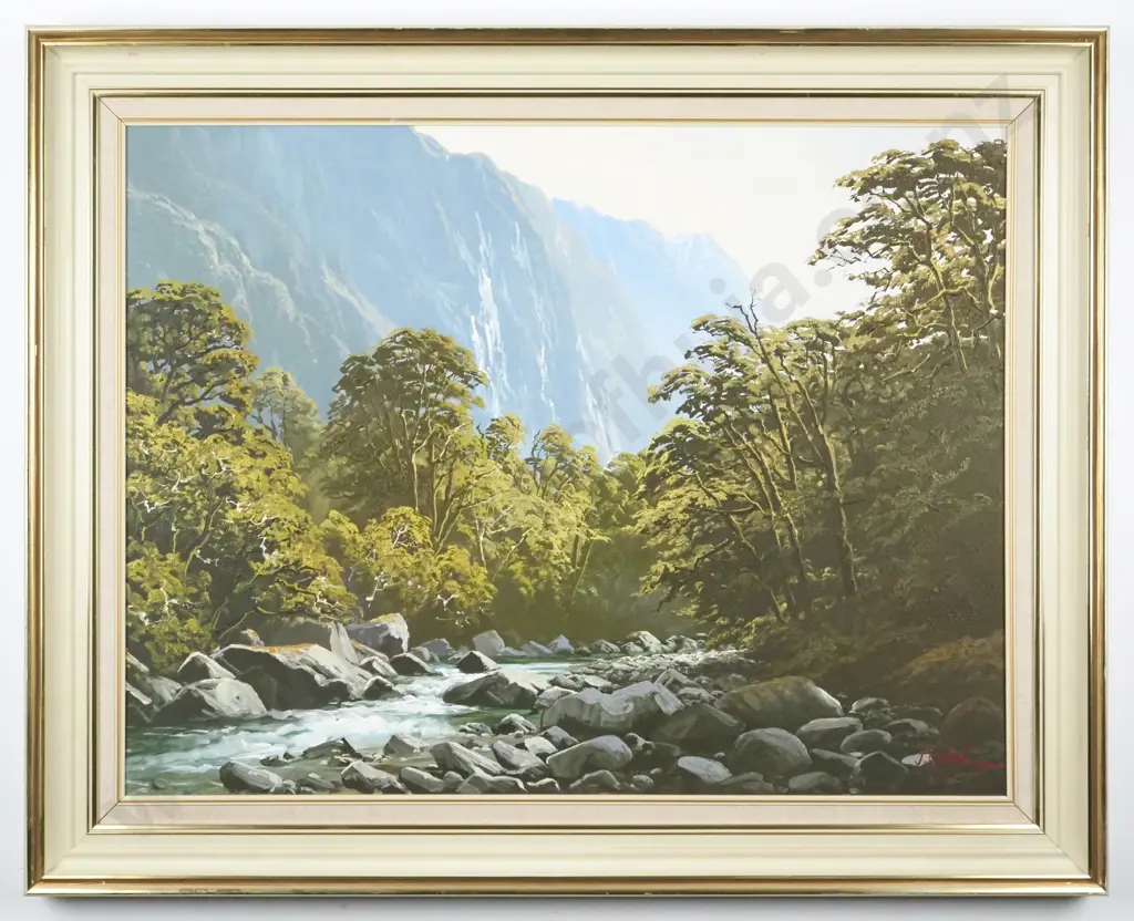 Johnathan R. White. 1980.  Newland Stream, Mt Aspiring National Park, N.Z. Oil on Canvas. Image 1++
