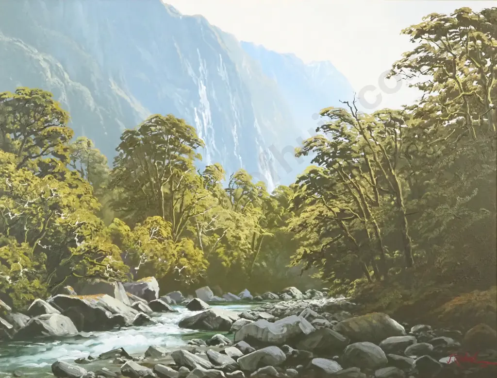 Johnathan R. White. 1980.  Newland Stream, Mt Aspiring National Park, N.Z. Oil on Canvas. Image 1++