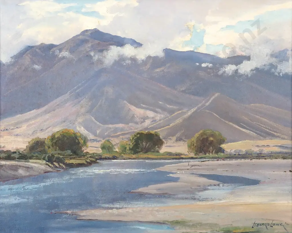 Leonard Long. 1976. Ahuriri River Near Omarama. Oil on Board. Image 1++