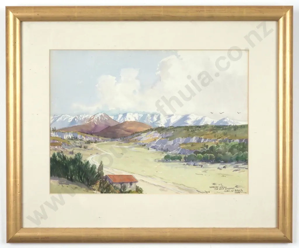 John W. Brock. 1959. Old Gold Diggings, Nasby, Otago. Watercolour. Image 1++