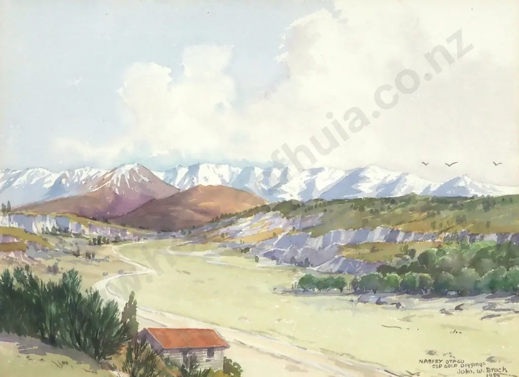 John W. Brock. 1959. Old Gold Diggings, Nasby, Otago. Watercolour. Image 1++